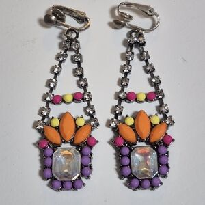 Vibrant Multicolor Rhinestone Boho Dangle Drop Clip-on Earrings